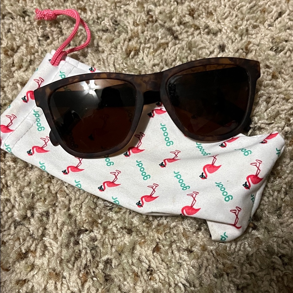 Goodr Leopard Print Stylish Brown Sunglasses with Flamingo Soft Bag Case